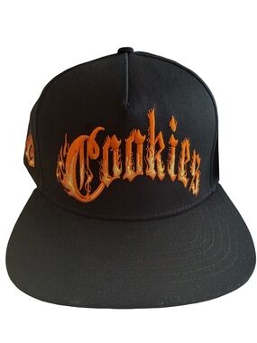 Black Snapback Hat with Orange 'Cookies' Flame Embroidery